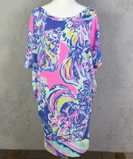 Lilly Pulitzer Lowe Dress Womens Medium Blue Colorful Short Sleeve Preppy