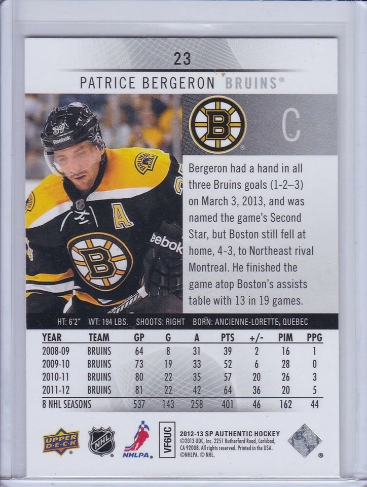 Patrice Bergeron 2012 SP Authentic Hockey Card 23 - Image 2 of 2