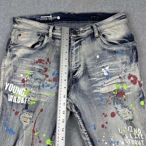 Copper Rivet Jeans Herren 34x30 Slim Stretch Streetwear HipHop Graffiti Bleached - Bild 5 von 13