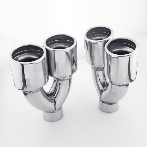 Pair QUAD Oval Out 2" Inlet Stainless Steel Exhaust Tips Resonated Slant Cut - Picture 3 of 9