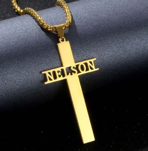 No Stone Custom Name Necklace Cross Pendant Men Women 14k Yellow Gold Plated - Picture 5 of 6