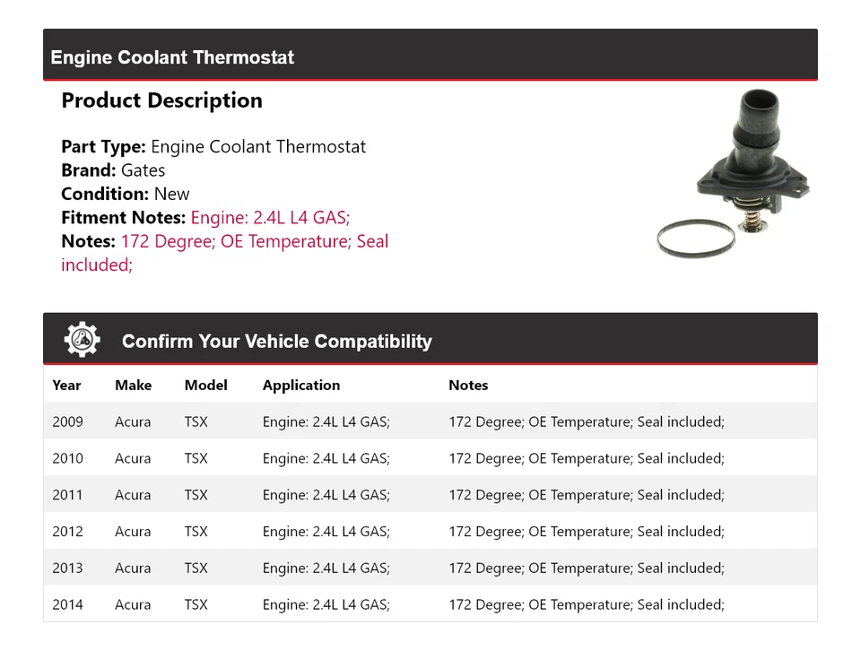 For 2009-2014 Acura TSX 2.4L L4 GAS Engine Coolant Thermostat Gates 2010 2011 - Image 2 of 4