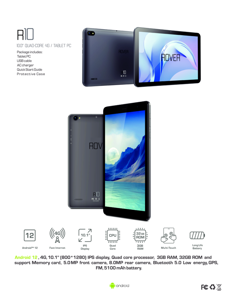 Rover R10 10.1 Inch Android 12 Tablet 3GB RAM, 32GB ROM, Free SIM Card ...