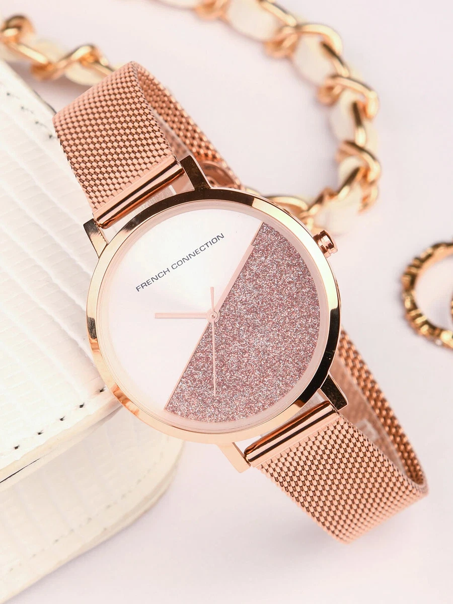 French Connection Women Pink White Analogue Watch Golden Strap