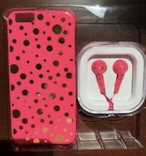 FUNDA Y AURICULARES iPHONE 6/6s rosa con puntos brillantes dorados ¡JUEGO TAN LINDO!!