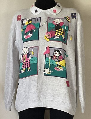 1980s Cats Playing Golf-19th Hole Celebration Collared Sweatshirt Size Medium