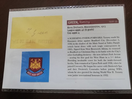 VERY RARE! TOMMY GREEN WEST HAM IRONS LEGEND HAND-SIGNED AUTOGRAPH CARD