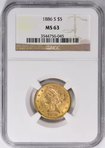 1886-S LIBERTY HEAD $5 HALF EAGLE GOLD NGC MS63