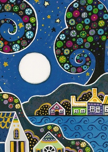 5x7 PRINT OF PAINTING RYTA ABSTRACT FOLK ART NIGHT SKY BLUE MOON TREES HOUSE 🌺 - Picture 1 of 1