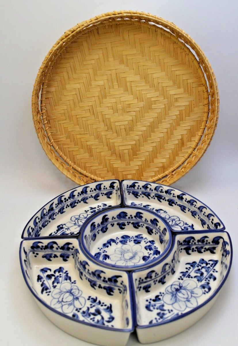 Oriental Blue & White Ceramic Divided Serving Dish Set in