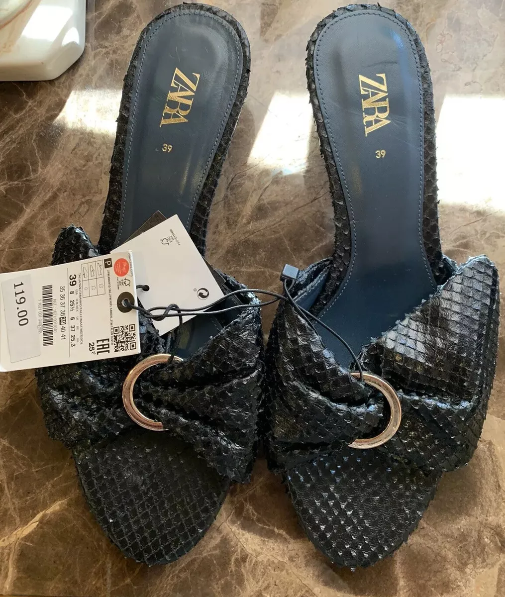 Zara Size 39 US 8 Blue Collection Leather Slip On Low Kitten Heels NWT 119