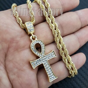 Authentic Iced Cubic Zirconia Ankh Cross Pendant 24" Rope Chain Gold Plated Bling Necklace
