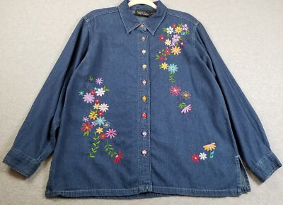 Silver Threads Button Up Shirt Women s Large Blue Denim Floral Embroidery Cotton