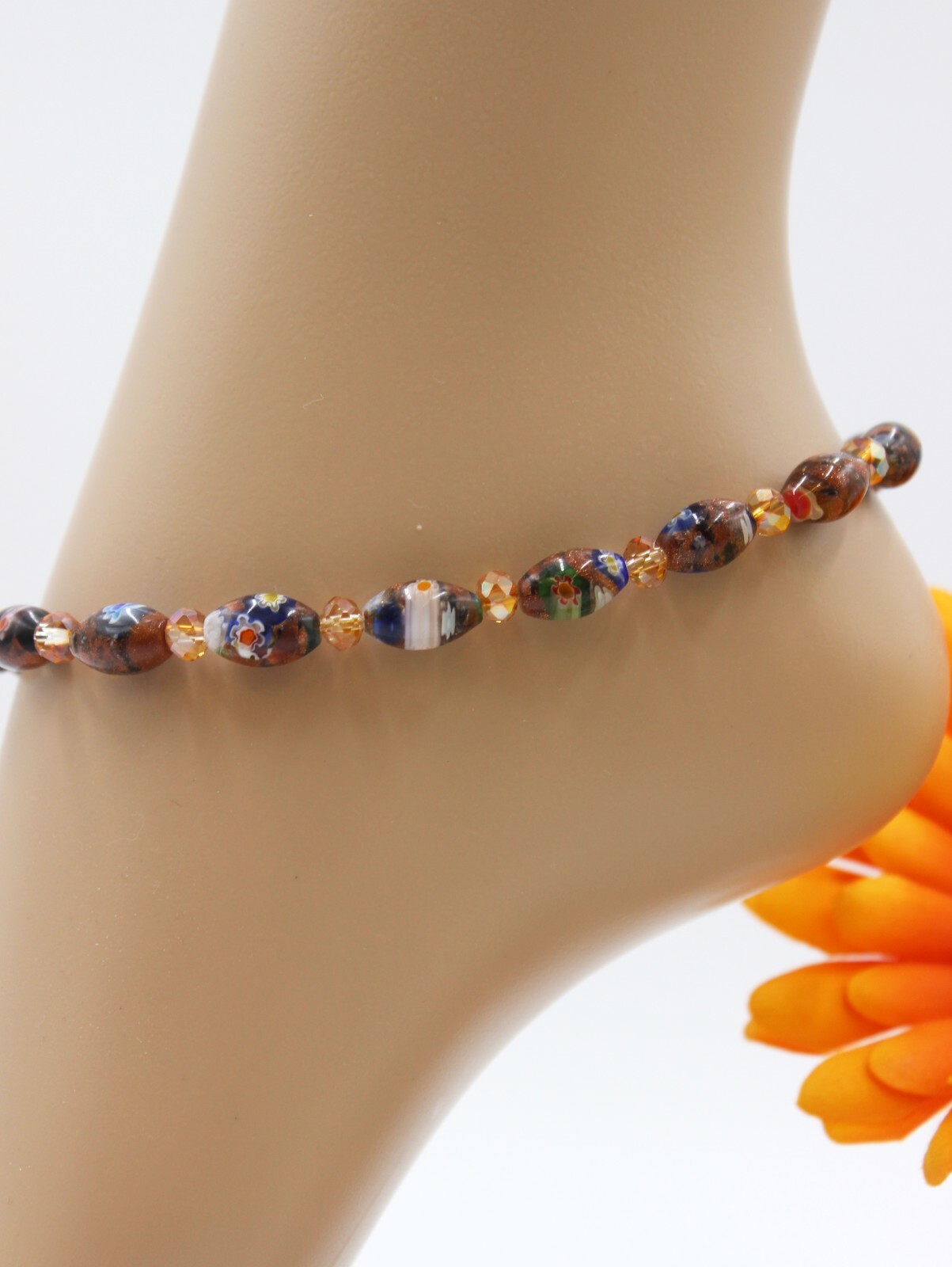 Xxxl Anklet Gold Millefiori Beads Colorful Elegant Jewelry #Ka068