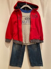 Nautica 3PC Set Outfit Red Hoodie Gray Shirt Blue Jeans Boys 4T 4 Cotton School