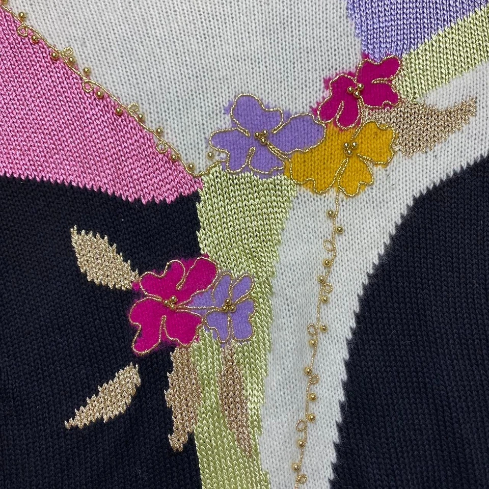 Vintage 80's Pullover 10-12-14 Angora Mischung Grafik Schwarz Retro Blume Pastel - Bild 3 von 3