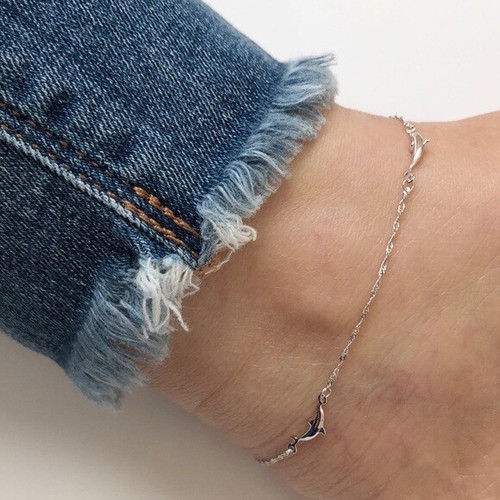 Pulsera tobillo de delfín de oro liso 14K - blanca 9""-10"" ajustable - Imagen 5 de 6