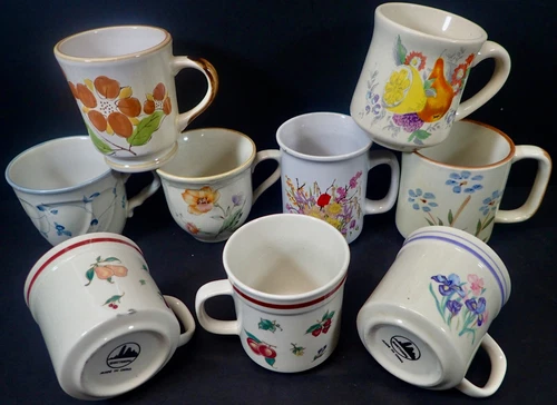 (9) Vintage Stoneware Coffee Mugs Cups w/ various Flower & Fruit Decor
