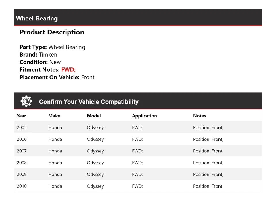 Cojinete de rueda delantero Timken 2006 2007 2008 2009 para Honda Odyssey 2005-2010 tracción delantera Foto 2 de 4