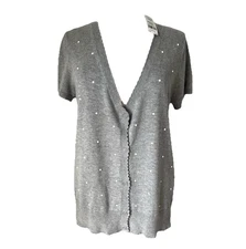 ELLE Womens Cardigan Sweater Size L Gray Scalloped Edges Embellished NEW W TAG