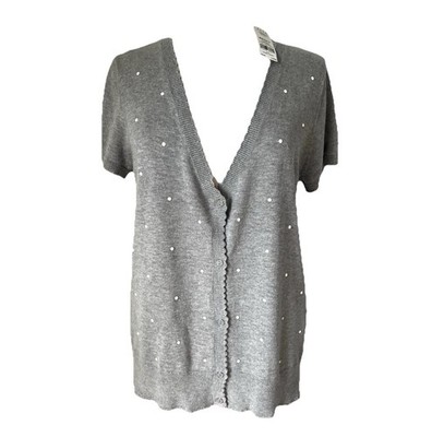 ELLE Womens Cardigan Sweater Size L Gray Scalloped Edges Embellished NEW W TAG