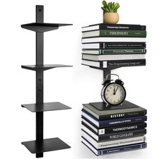 4-Tier Invisible Floating Wall Bookshelves, Vertical Spine, Metal 2-Pack Black