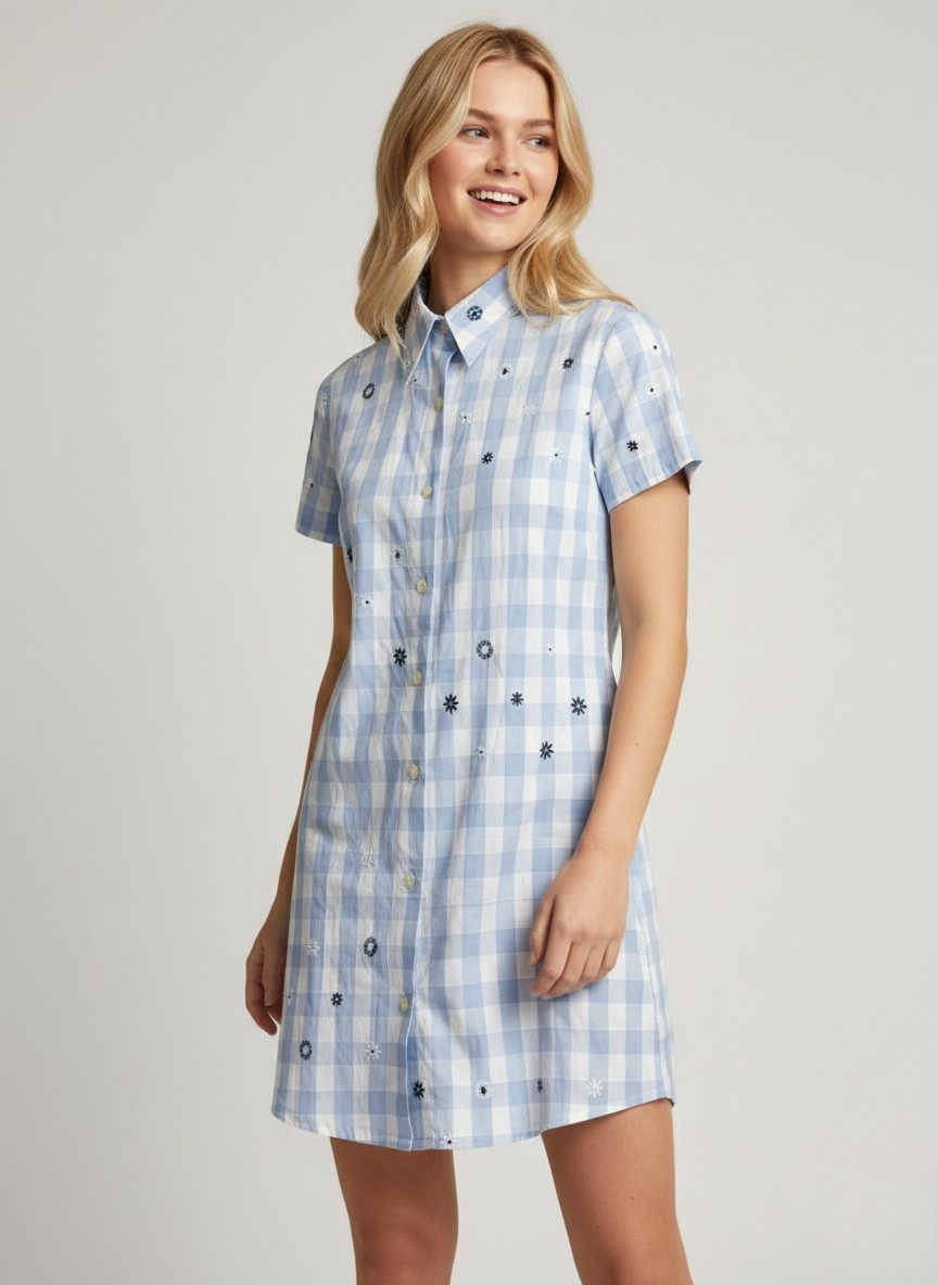 Vestido camisa CHIPIE azul vichy y flores bordadas talla S 100% algodón