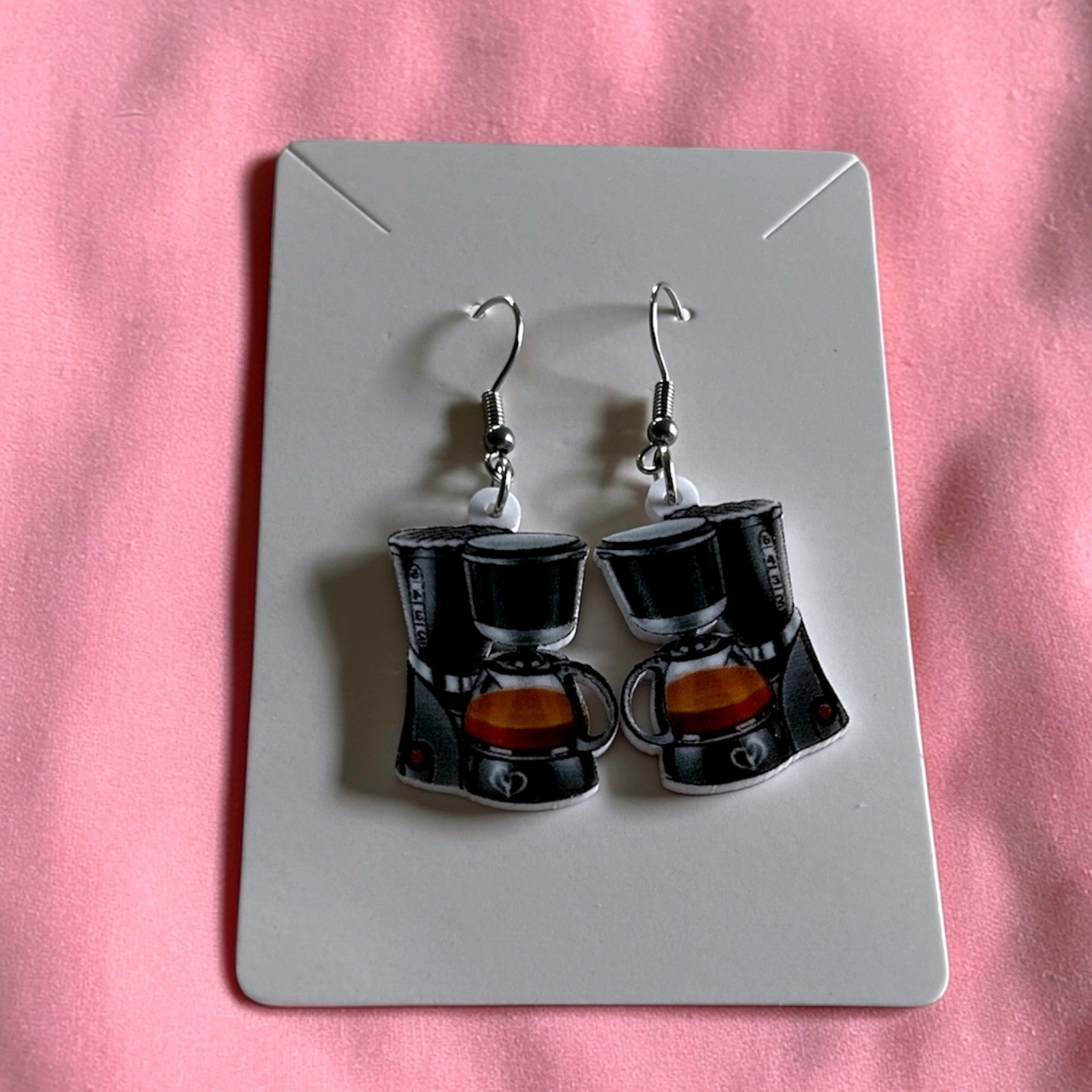 Acrylic Dangle Earrings Silver Tone Fishhook Novelty Barista Gift