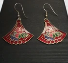 VTG Cloisonné Goldtone Dangle Red Wire Earrings Floral Design  Costume Jewelry