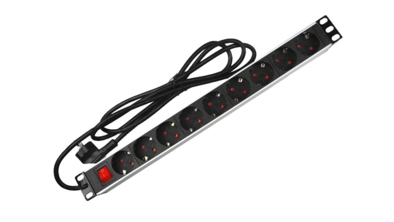 1U socket power strip 19 9 Schuko switch 009640