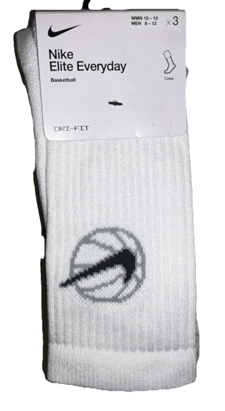 Nike Elite Everyday Basketball Crew Socks 3 Pair Men 8-12 White Gray Black wLogo