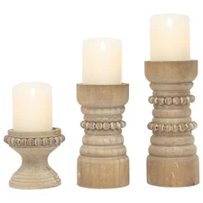 Rustic Wood Candle Holders Set of 3, Farmhouse Beaded Wood Pillar Candle Hold...