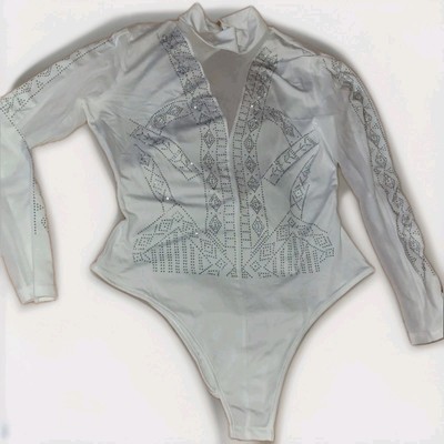 Womens Long Sleeve White Embroided Bodysuit Size 