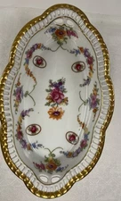 Schumann Bavaria Reticulated Oval Bowl Dresden Flowers Gold Trim Porcelain