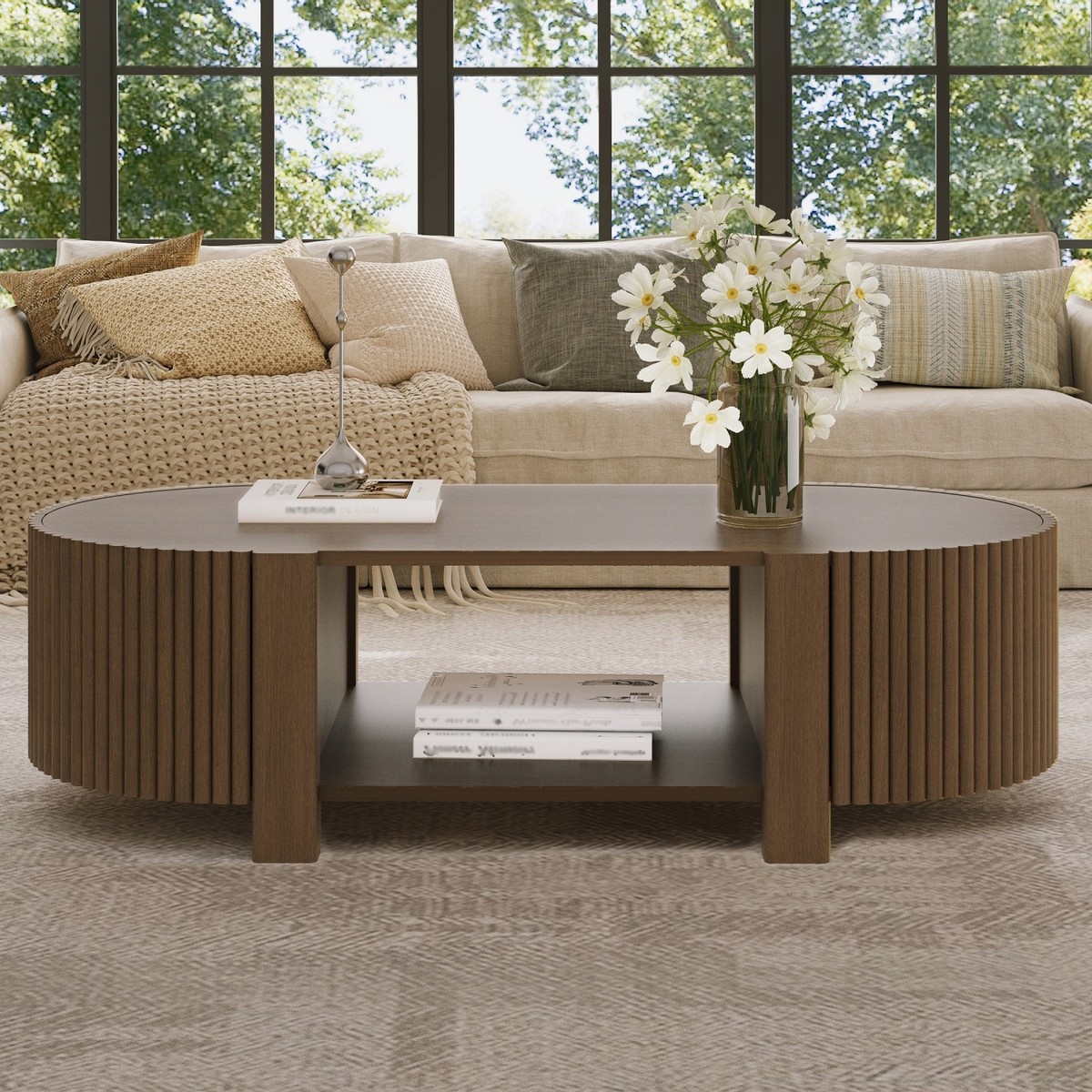 Solid Wood Oval Coffee Table w/ Storage Center Cocktail Table w/ 2