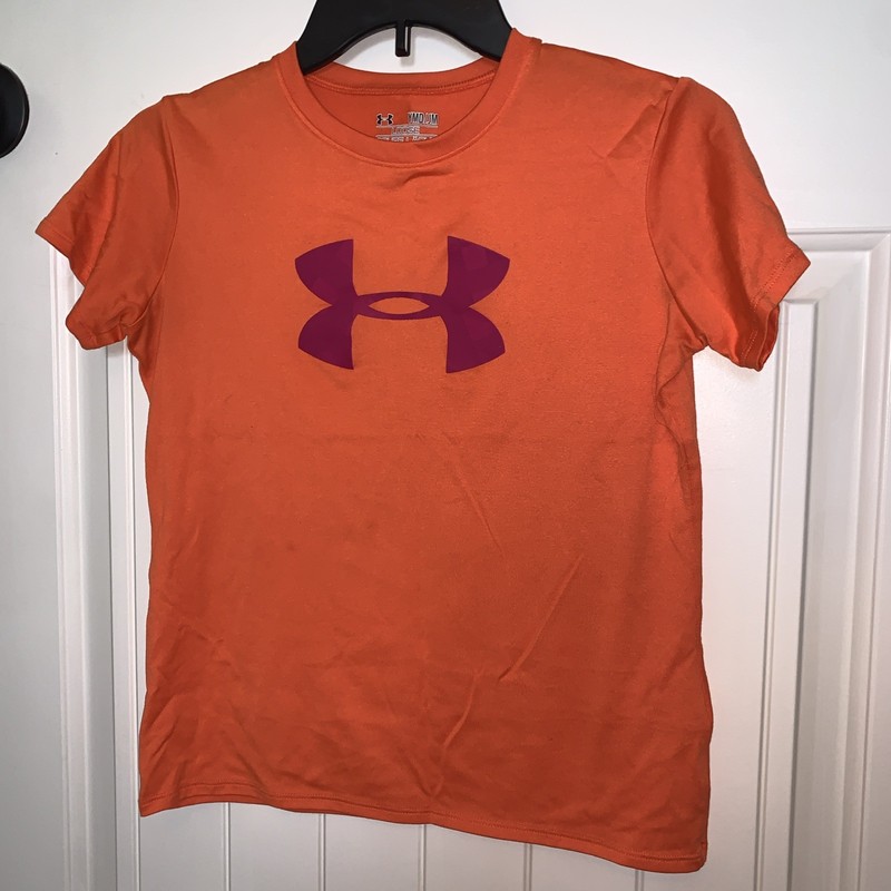 Girls YMD Orange Under Armour S/S Athletic Shirt with Pink Logo Dri-fit GUC