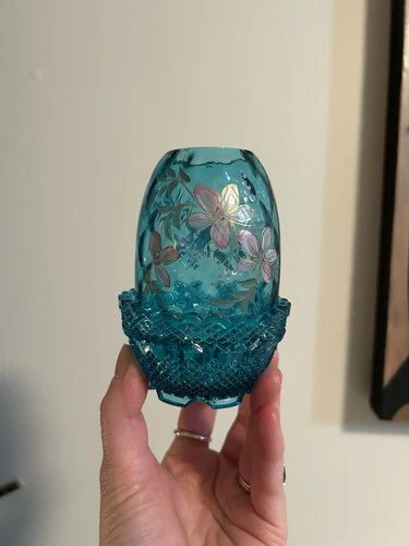 Vintage Fenton Hand Painted Flowers Blue Glass Fairy Lamp