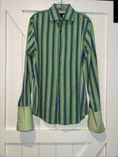 BANANA REPUBLIC MEN DRESS SHIRT SIZE L 16-161/2 GREEN NAVY STRIPES LONG SLEEVE