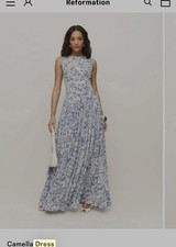 Reformation Camella Maxi Dress Size10 Blue/White Floral Round Neck Viscose Pleat