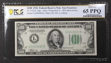PCGS Gem UNC 65 PPQ Series 1934 $100 Blue-Green Seal San Francisco FRN