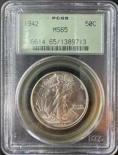 1942 Walking Liberty Half Dollar PCGS MS65 | Old Green Holder OGH | Gem BU Silve