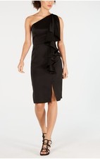 VINCE CAMUTO Women's Black Ruffled One-shoulder Satin Sheath Dress Size 10 Lined