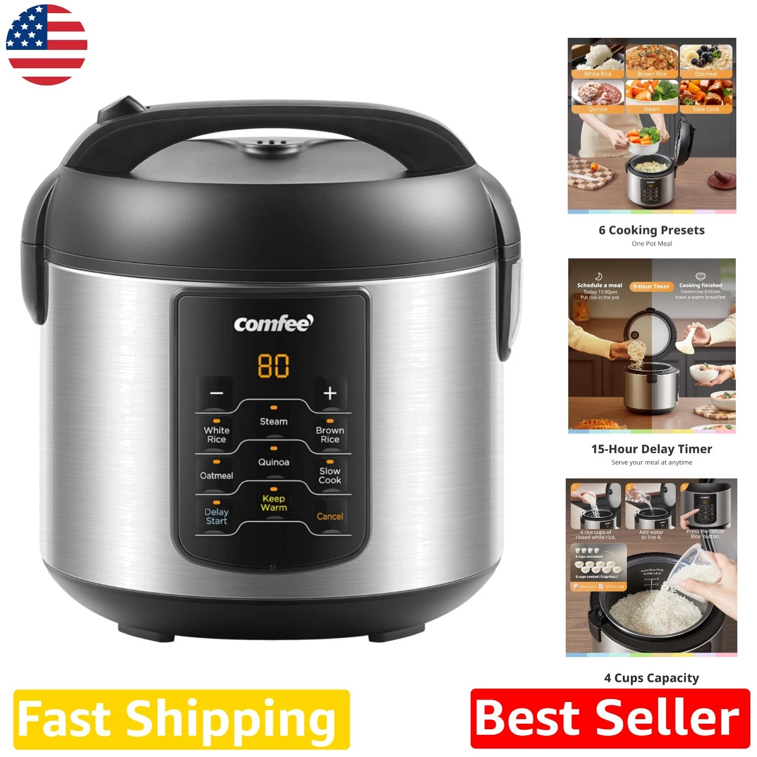 6-in-1 Stainless Steel Rice Cooker, 2QT Multi-Cooker, 8 Cups, 6 Programs