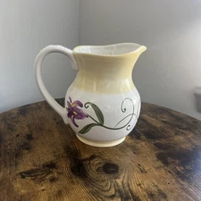 FTD Floral Painted Ceramic Pitcher Vase Yellow 7 Tall 4 Base Vtg Sunflower, Iris