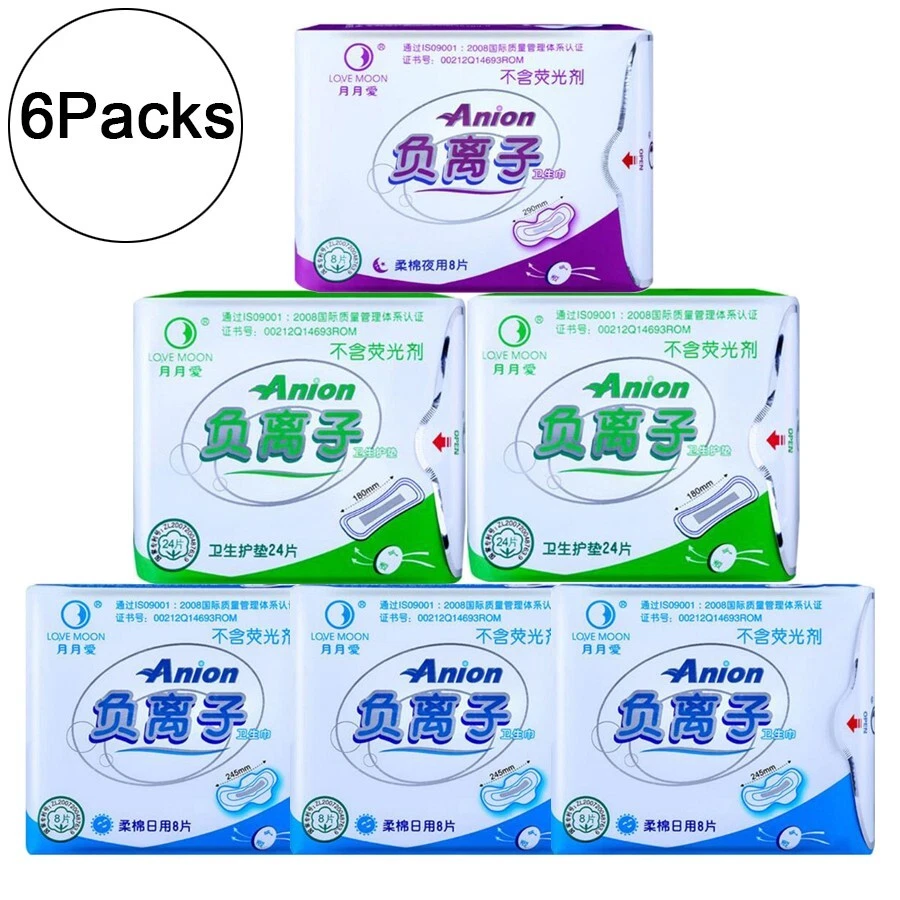 NEW 6Pack Lovemoon Anion Sanitary Napkin No Fluorescent Agent Pad  Day+Night+Pads | eBay