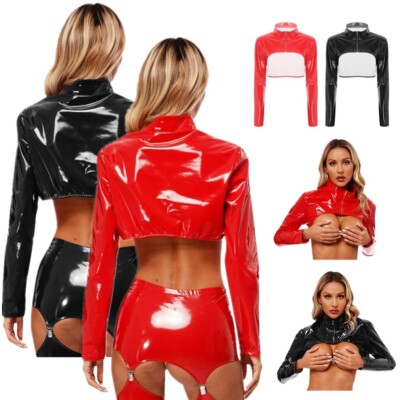 US Women's Patent Leather Crop Top Glossy Long Sleeve Stand Collar Zipper Tops