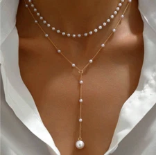 Women's Double Necklace Pearl Pendant Gold Plated Stainless Chain Woman Jewelry