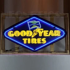 2 Goodyear Neon Sign Diamond and Vertical in Steel Case wall Lamp real Glass