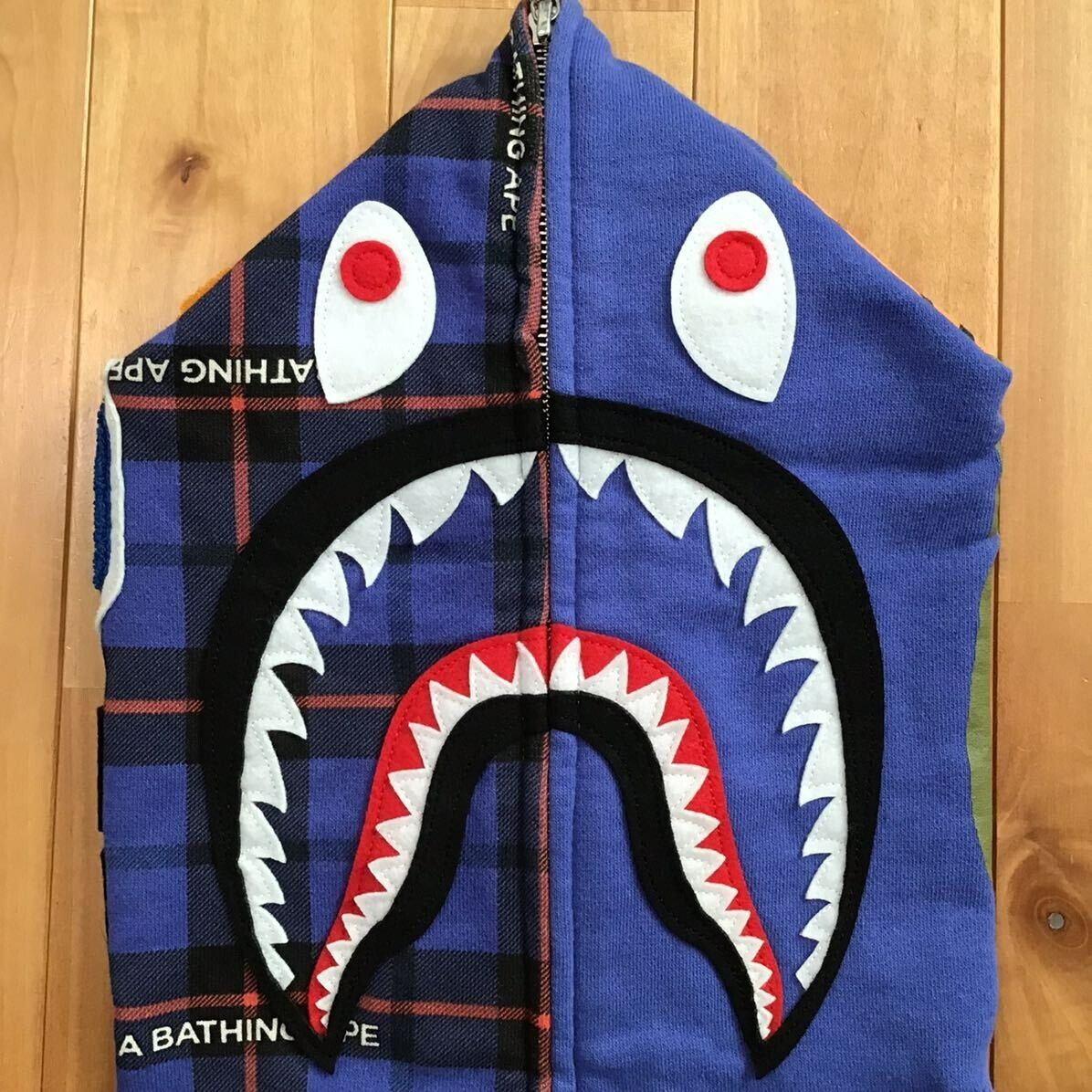 BAPE Crazy Check shark full zip hoodie Blue A Bathing Ape Size M