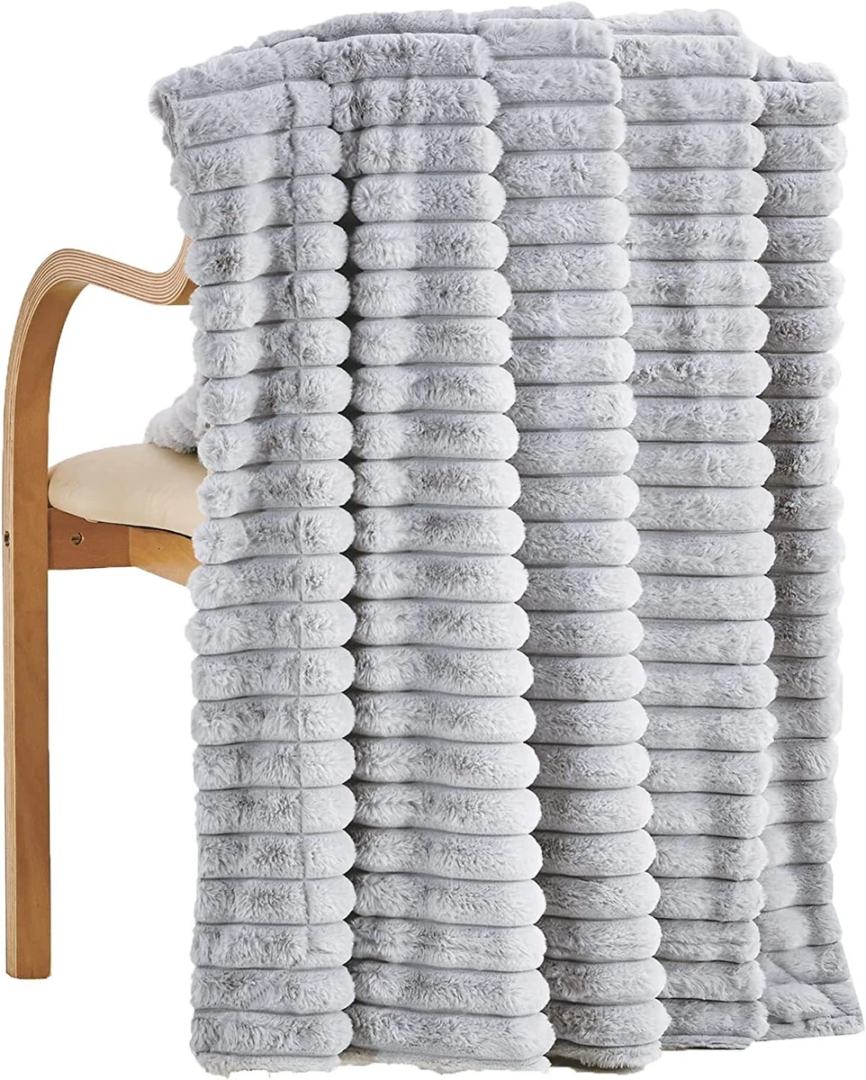 Softan Faux Fur Blanket Soft Fuzzy Striped Fleece Throw Blanket